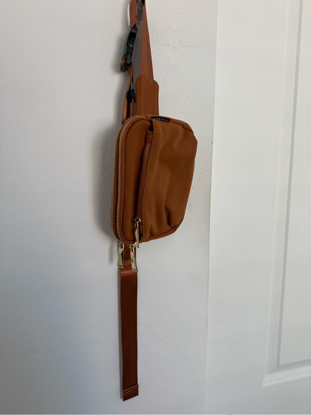 Minimalist Cognac Brown Belt Bag with Gold Zippers